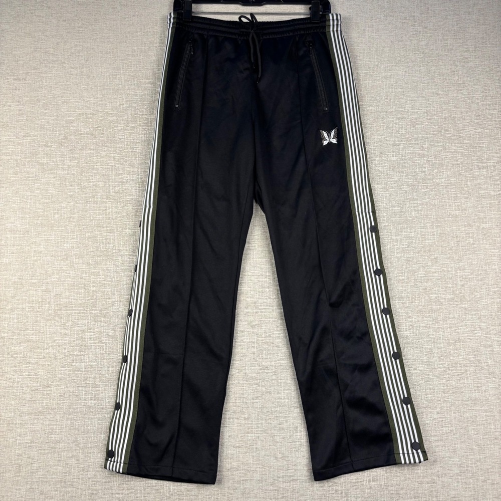 Needles Mens Black Track Pants Side Stripe Butterfly Logo Snap Button Medium